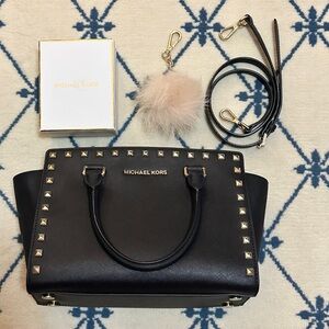 Michael Kors Selma Stud Saffiano Leather Medium Satchel - Black